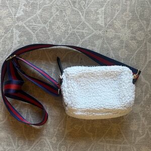 Stella & Dot White Sherpa Crossbody Bag with Red and Blue Strap